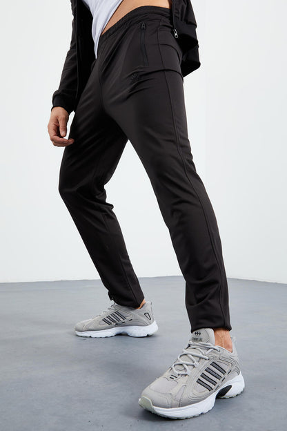 Black High Collar Zippered Standard Fit Classic Cuff Men's Tracksuit Set - 85162