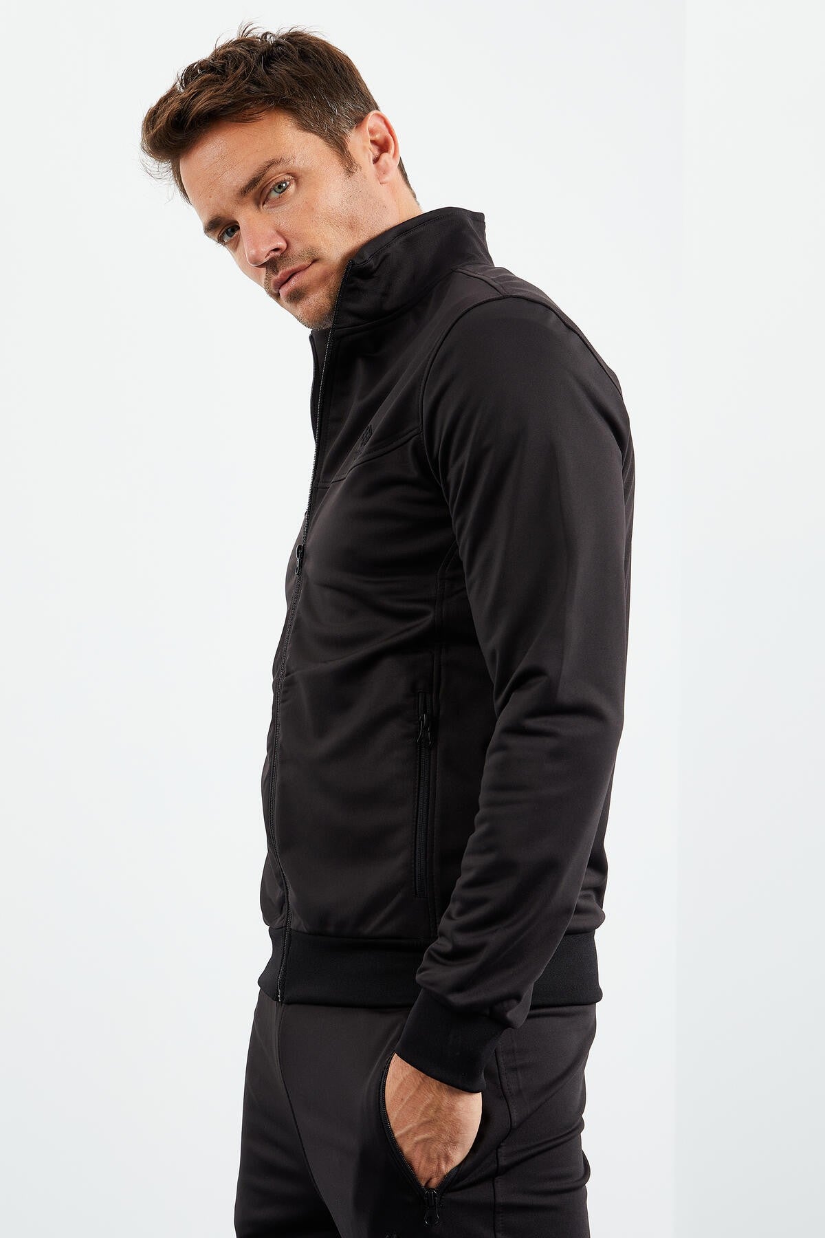 Black High Collar Zippered Standard Fit Classic Cuff Men's Tracksuit Set - 85162