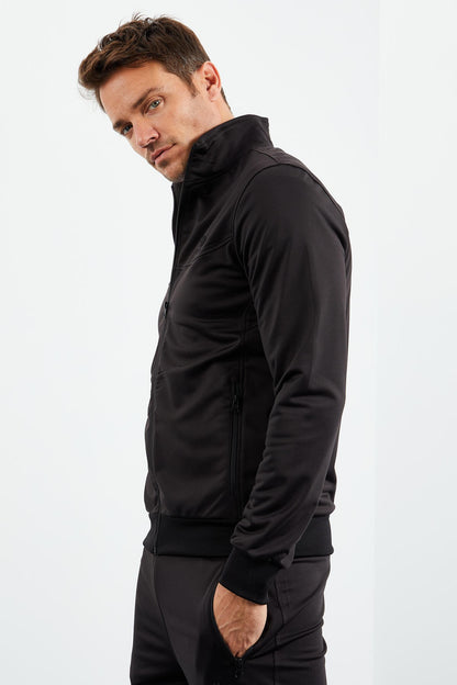 Black High Collar Zippered Standard Fit Classic Cuff Men's Tracksuit Set - 85162