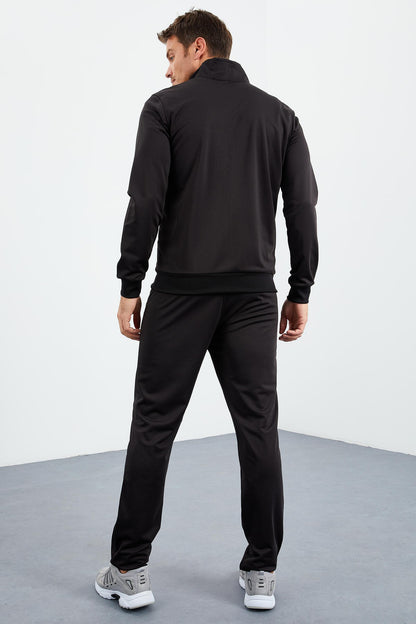 Black High Collar Zippered Standard Fit Classic Cuff Men's Tracksuit Set - 85162