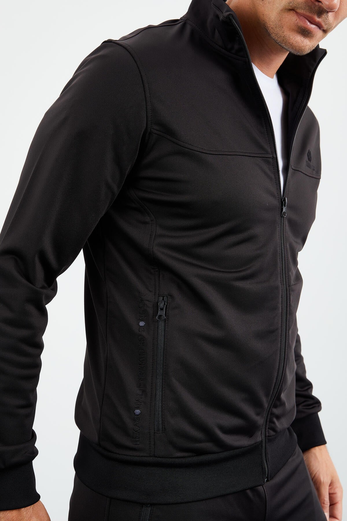 Black High Collar Zippered Standard Fit Classic Cuff Men's Tracksuit Set - 85162