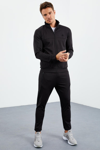 Black Straight Collar Zippered Standard Fit Cuffed Men's Tracksuit Set - 85160