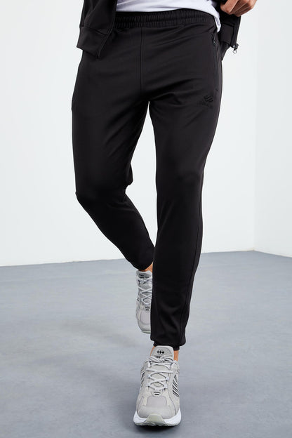 Black Straight Collar Zippered Standard Fit Cuffed Men's Tracksuit Set - 85160