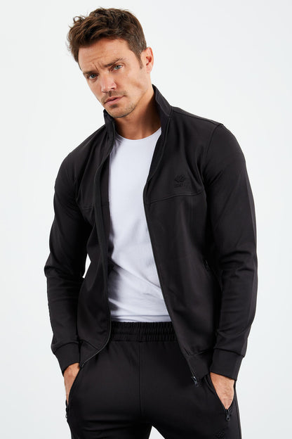 Black Straight Collar Zippered Standard Fit Cuffed Men's Tracksuit Set - 85160