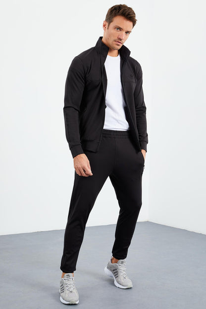 Black Straight Collar Zippered Standard Fit Cuffed Men's Tracksuit Set - 85160