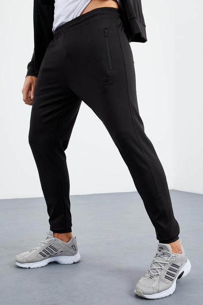 Black Straight Collar Zippered Standard Fit Cuffed Men's Tracksuit Set - 85160