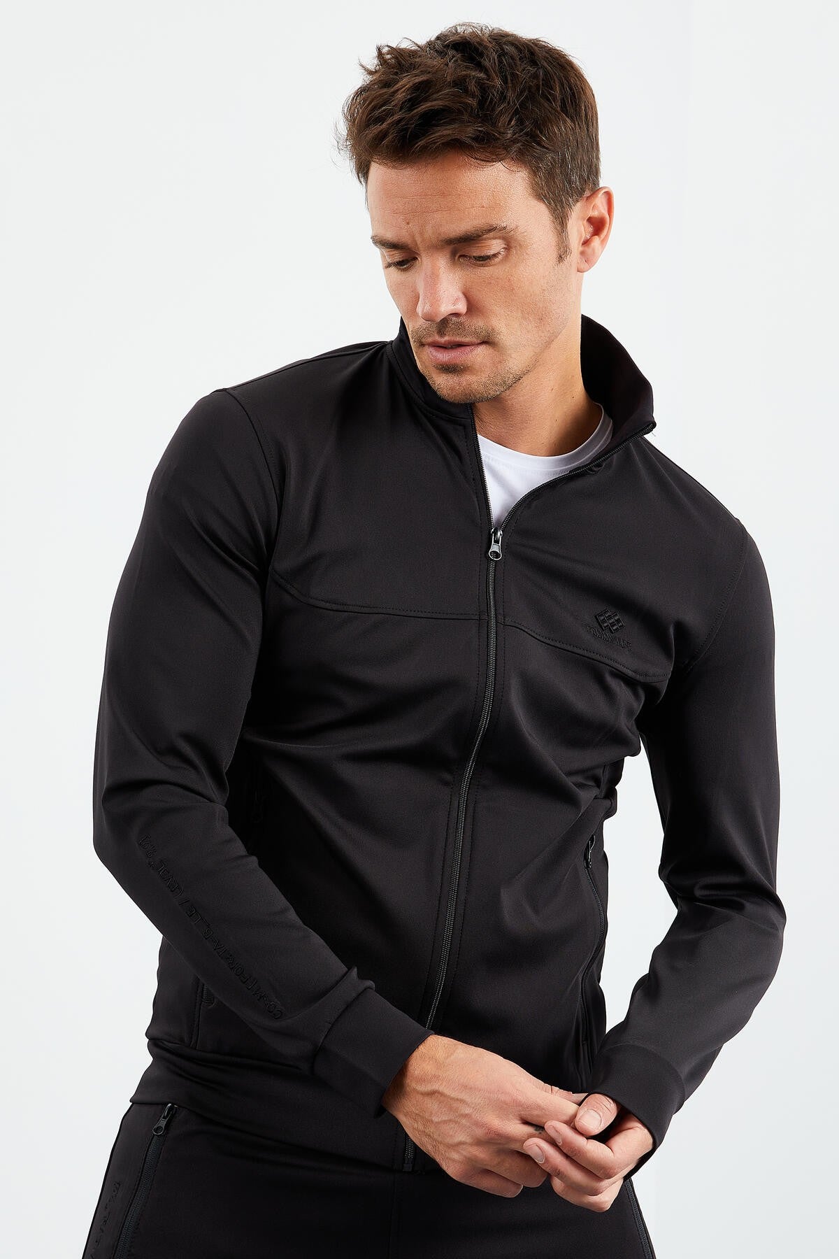 Black Straight Collar Zippered Standard Fit Cuffed Men's Tracksuit Set - 85160