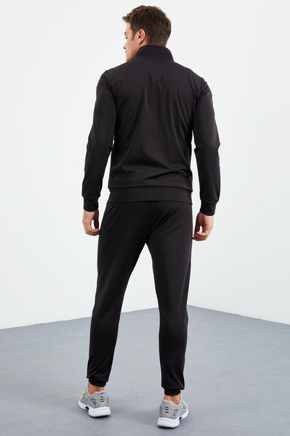 Black Straight Collar Zippered Standard Fit Cuffed Men's Tracksuit Set - 85160