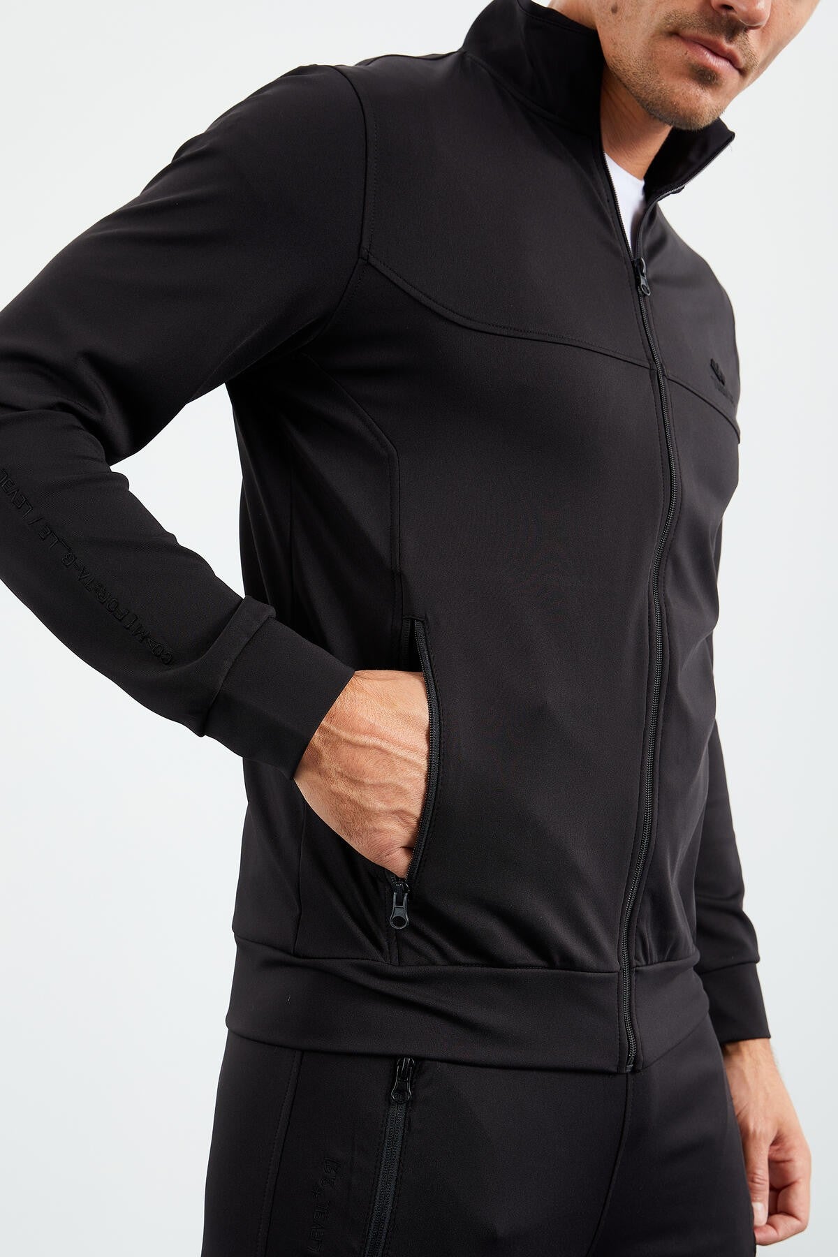 Black Straight Collar Zippered Standard Fit Cuffed Men's Tracksuit Set - 85160