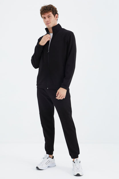Black Stand Collar Hidden Pocket Detailed Relax Fit Men's Tracksuit Set - 85220