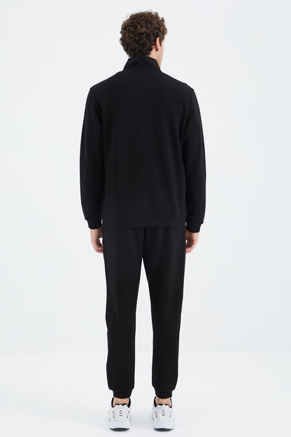 Black Stand Collar Hidden Pocket Detailed Relax Fit Men's Tracksuit Set - 85220