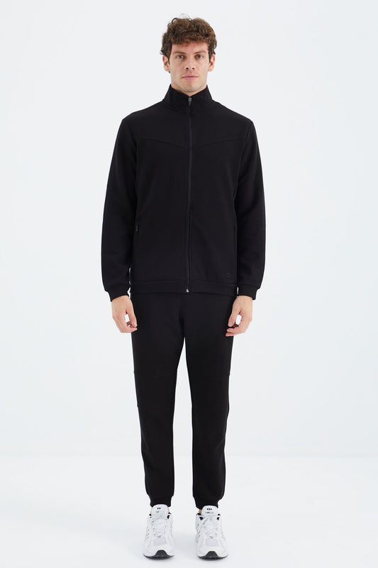 Black Stand Collar Hidden Pocket Detailed Relax Fit Men's Tracksuit Set - 85220