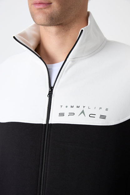 Black Upright Collar Color Gradient Fleece-Lined Men's Tracksuit Set - 85186