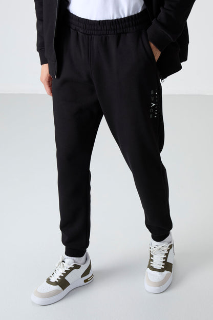 Black Upright Collar Color Gradient Fleece-Lined Men's Tracksuit Set - 85186
