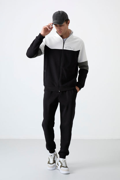 Black Upright Collar Color Gradient Fleece-Lined Men's Tracksuit Set - 85186