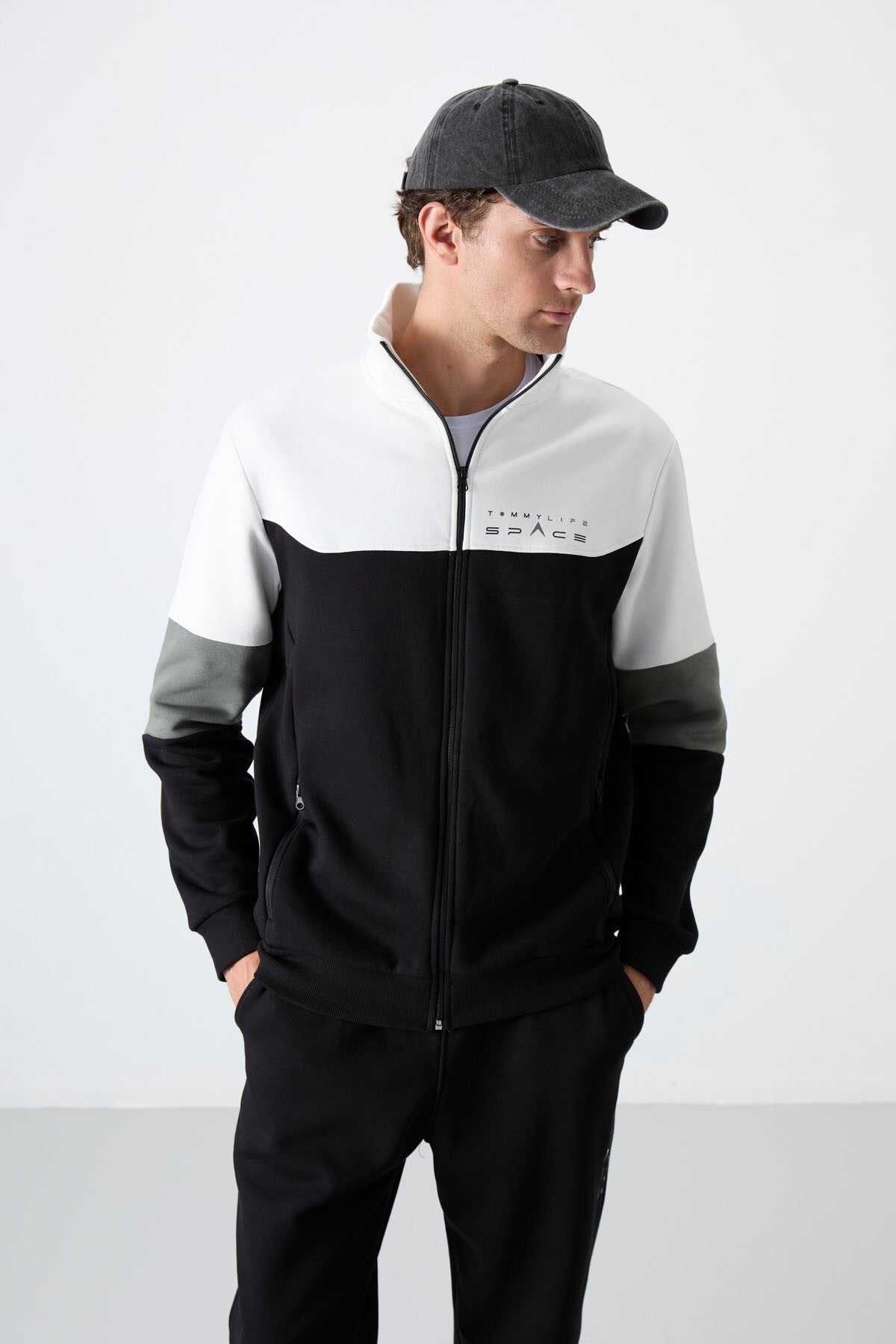 Black Upright Collar Color Gradient Fleece-Lined Men's Tracksuit Set - 85186