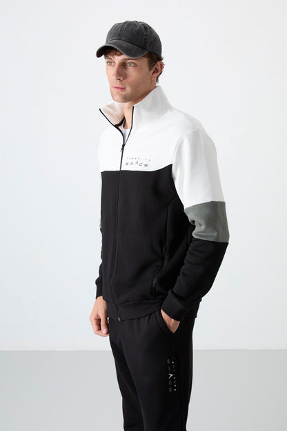 Black Upright Collar Color Gradient Fleece-Lined Men's Tracksuit Set - 85186