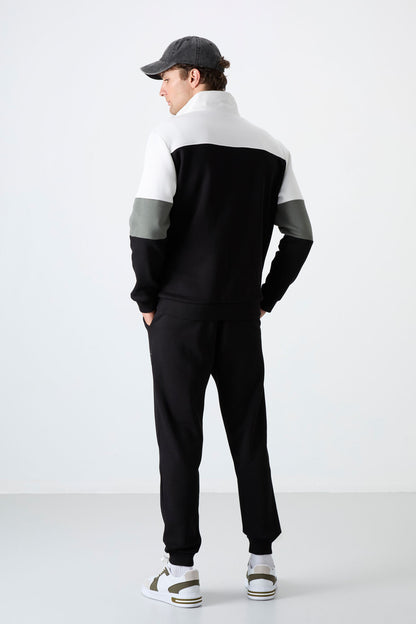 Black Upright Collar Color Gradient Fleece-Lined Men's Tracksuit Set - 85186