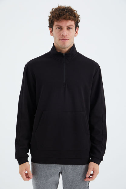 Black Stand Collar Half Zippered Pocket Detailed Men's Sweatshirt - 88278