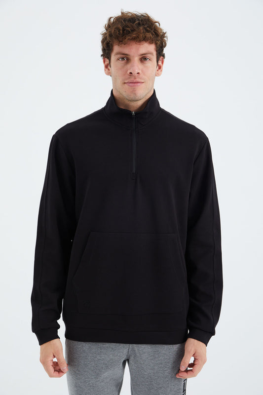 Black Stand Collar Half Zippered Pocket Detailed Men's Sweatshirt - 88278