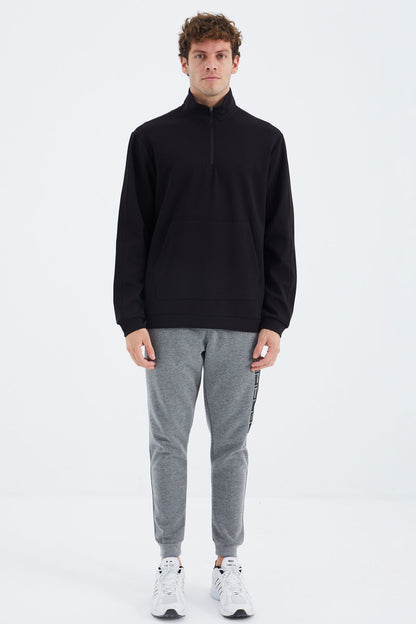 Black Stand Collar Half Zippered Pocket Detailed Men's Sweatshirt - 88278
