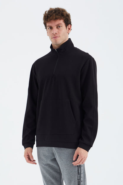 Black Stand Collar Half Zippered Pocket Detailed Men's Sweatshirt - 88278