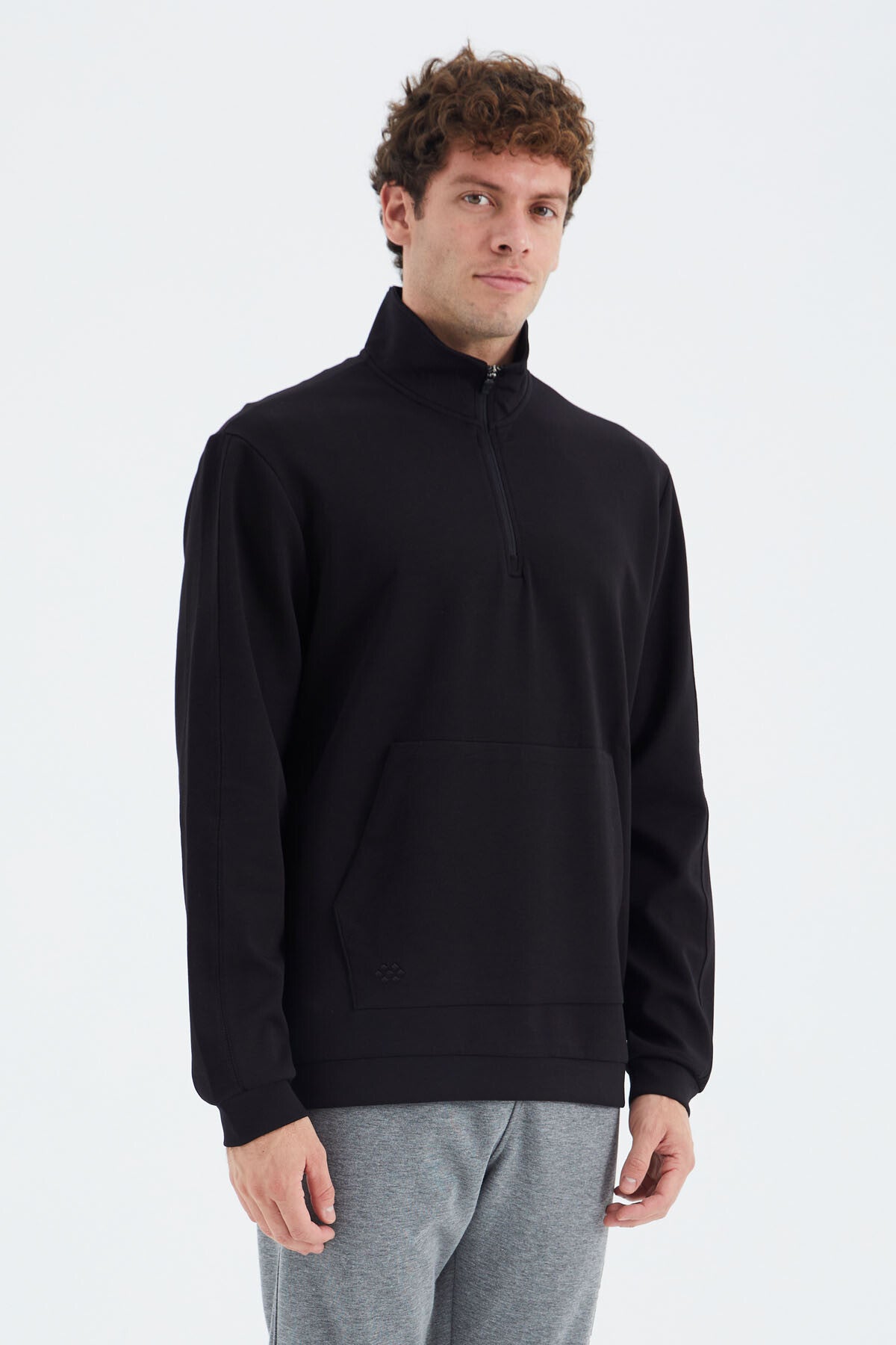 Black Stand Collar Half Zippered Pocket Detailed Men's Sweatshirt - 88278