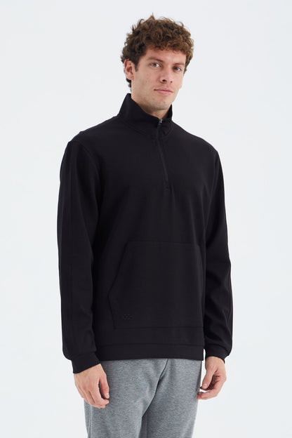 Black Stand Collar Half Zippered Pocket Detailed Men's Sweatshirt - 88278