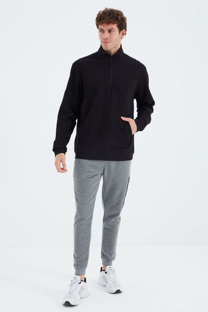 Black Stand Collar Half Zippered Pocket Detailed Men's Sweatshirt - 88278