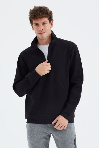 Black Stand Collar Half Zippered Pocket Detailed Men's Sweatshirt - 88278