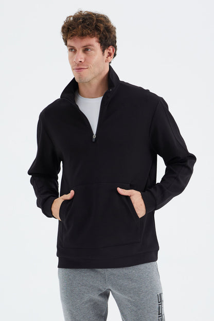 Black Stand Collar Half Zippered Pocket Detailed Men's Sweatshirt - 88278