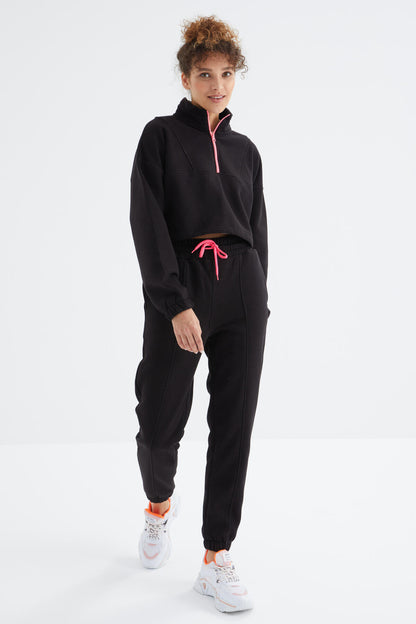Black Low Shoulder Waist Gathered Half Zip Oversized Women's Tracksuit Set - 95321