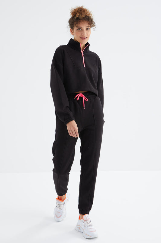 Black Low Shoulder Waist Gathered Half Zip Oversized Women's Tracksuit Set - 95321