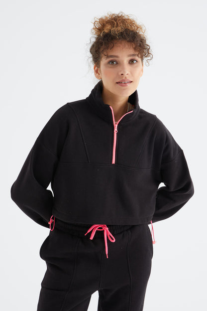 Black Low Shoulder Waist Gathered Half Zip Oversized Women's Tracksuit Set - 95321