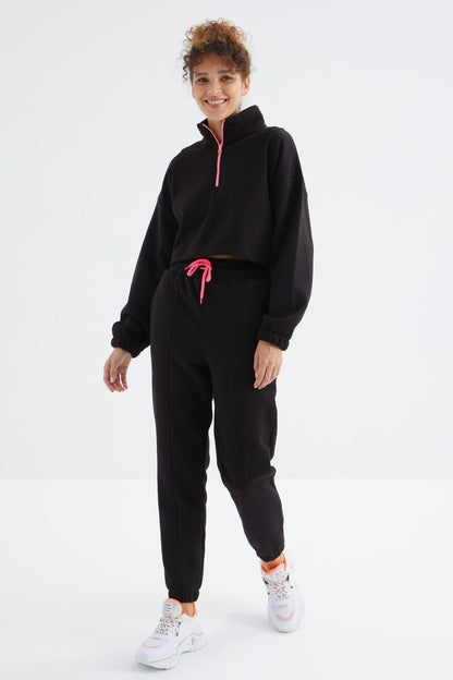 Black Low Shoulder Waist Gathered Half Zip Oversized Women's Tracksuit Set - 95321