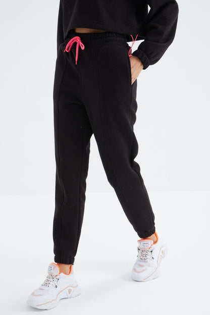 Black Low Shoulder Waist Gathered Half Zip Oversized Women's Tracksuit Set - 95321