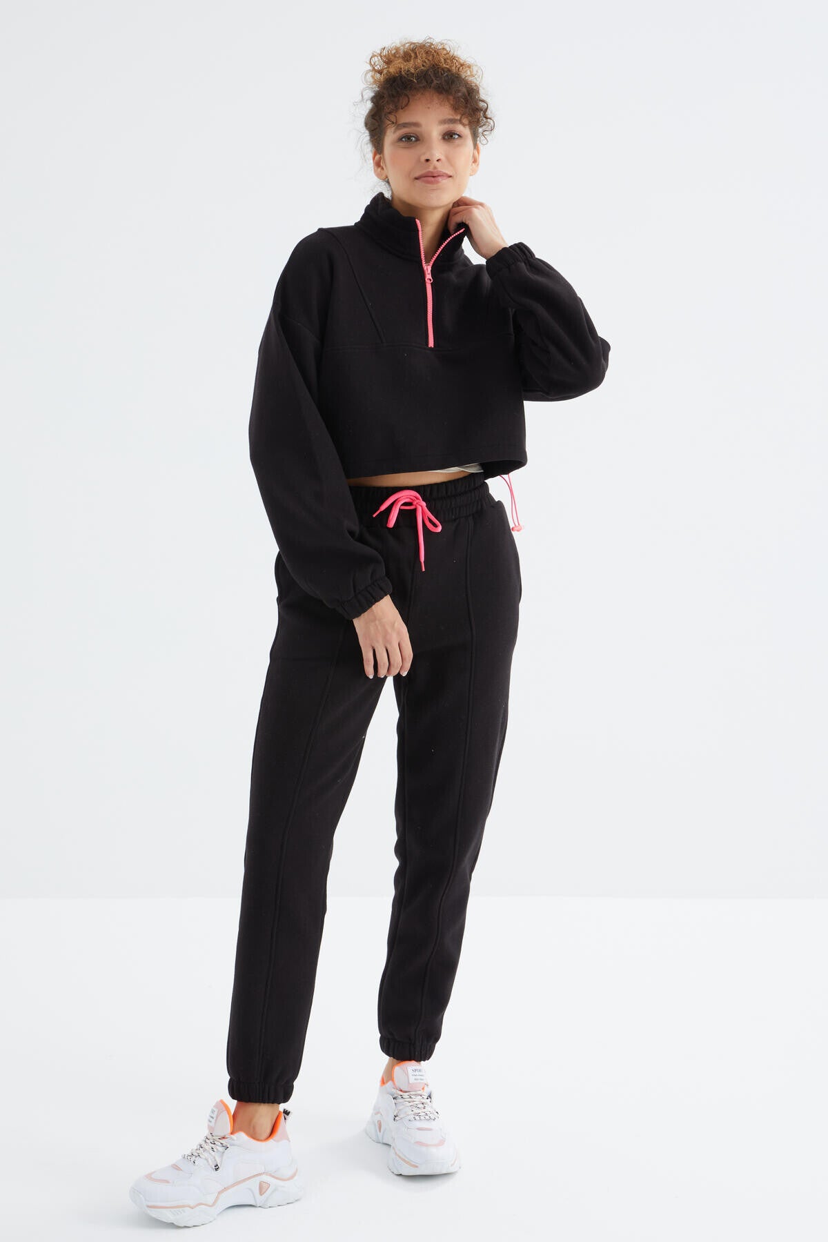 Black Low Shoulder Waist Gathered Half Zip Oversized Women's Tracksuit Set - 95321
