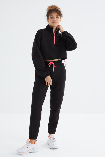 Black Low Shoulder Waist Gathered Half Zip Oversized Women's Tracksuit Set - 95321