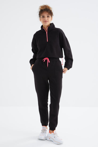 Black Low Shoulder Waist Gathered Half Zip Oversized Women's Tracksuit Set - 95321