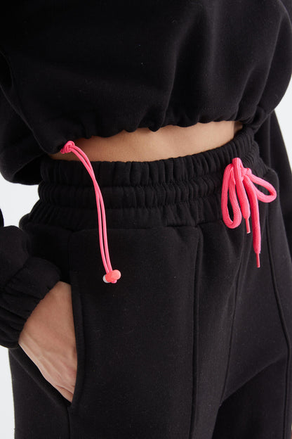 Black Low Shoulder Waist Gathered Half Zip Oversized Women's Tracksuit Set - 95321