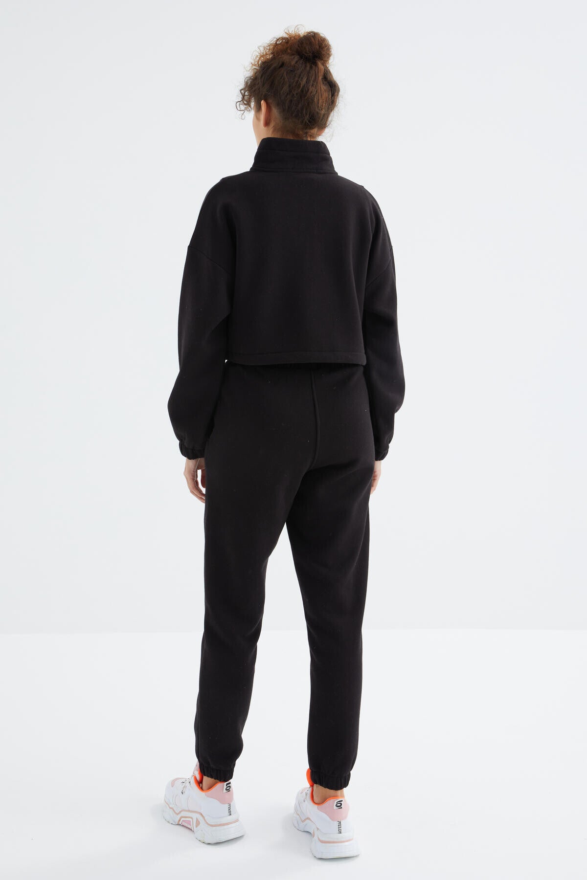 Black Low Shoulder Waist Gathered Half Zip Oversized Women's Tracksuit Set - 95321