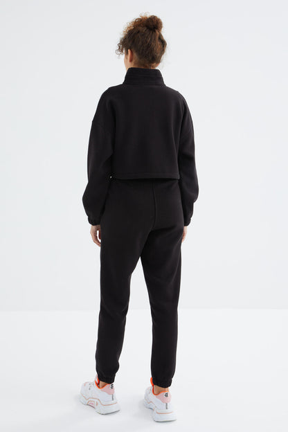 Black Low Shoulder Waist Gathered Half Zip Oversized Women's Tracksuit Set - 95321
