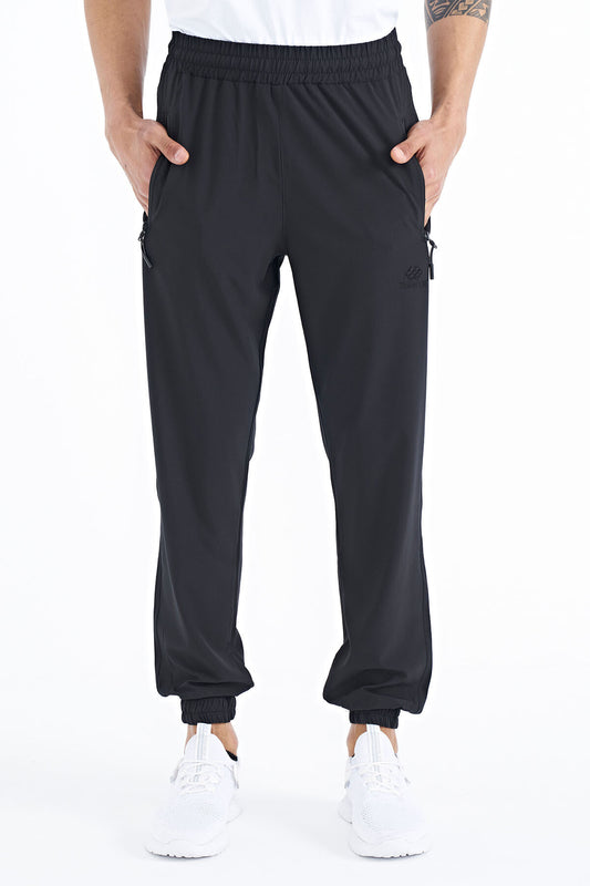 Black Men's Basic Pocketed Laced Comfortable Elastic Cuff Tracksuit Bottom - 84826