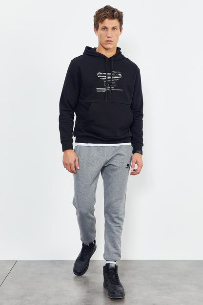 Black Printed Hooded Kangaroo Pocket Comfort Fit Men's Sweatshirt - 88019