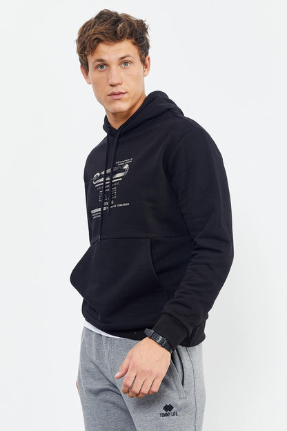 Black Printed Hooded Kangaroo Pocket Comfort Fit Men's Sweatshirt - 88019