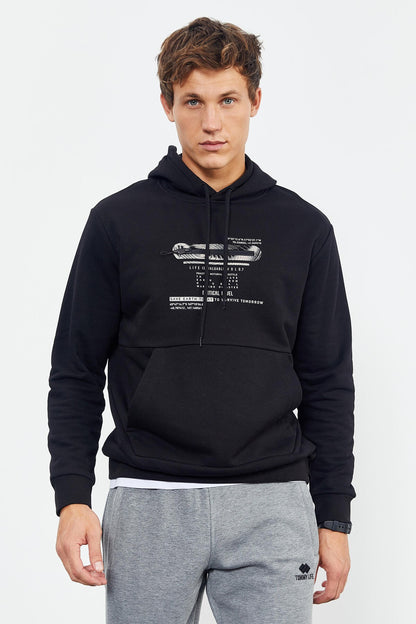 Black Printed Hooded Kangaroo Pocket Comfort Fit Men's Sweatshirt - 88019