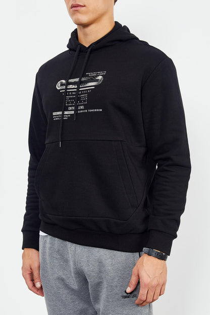 Black Printed Hooded Kangaroo Pocket Comfort Fit Men's Sweatshirt - 88019