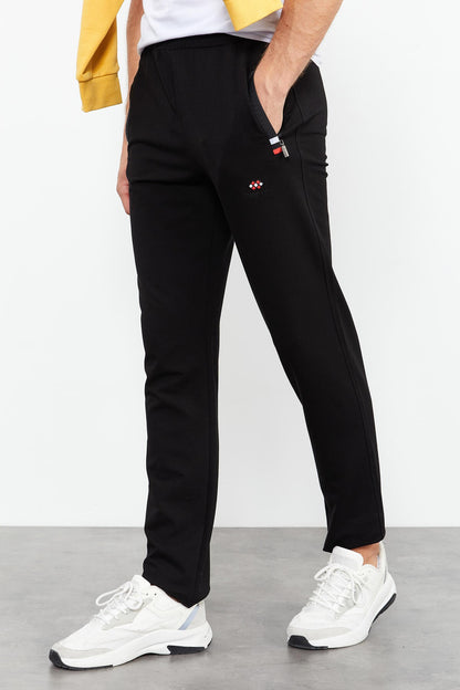 Black Zippered Pocket Straight Leg Classic Hem Men's Tracksuit Bottom - 84649