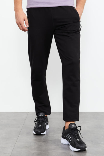 Black Zippered Pocket Detailed Standard Fit Classic Hem Men's Tracksuit Bottom - 84744