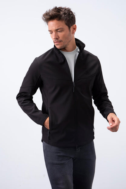 Black Zippered High Collar Water and Windproof Softshell Men's Jacket - 88050